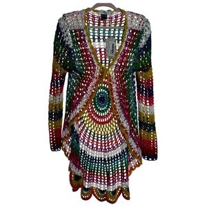 NWT Cotton Crochet Festival Boho Cardigan Womens XL Party Rainbow Grannycore Fun